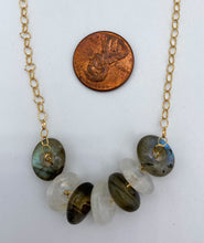 Load image into Gallery viewer, Labradorite, rainbow moonstone, and gold necklace
