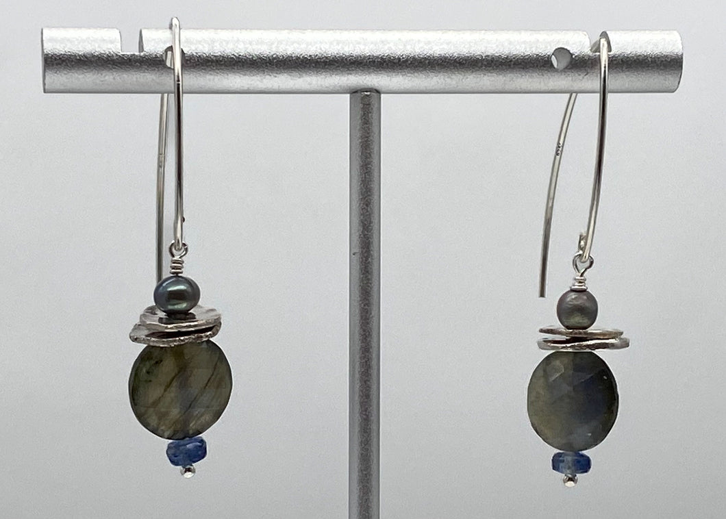 Labradorite, kyanite, pearl, and silver earrings