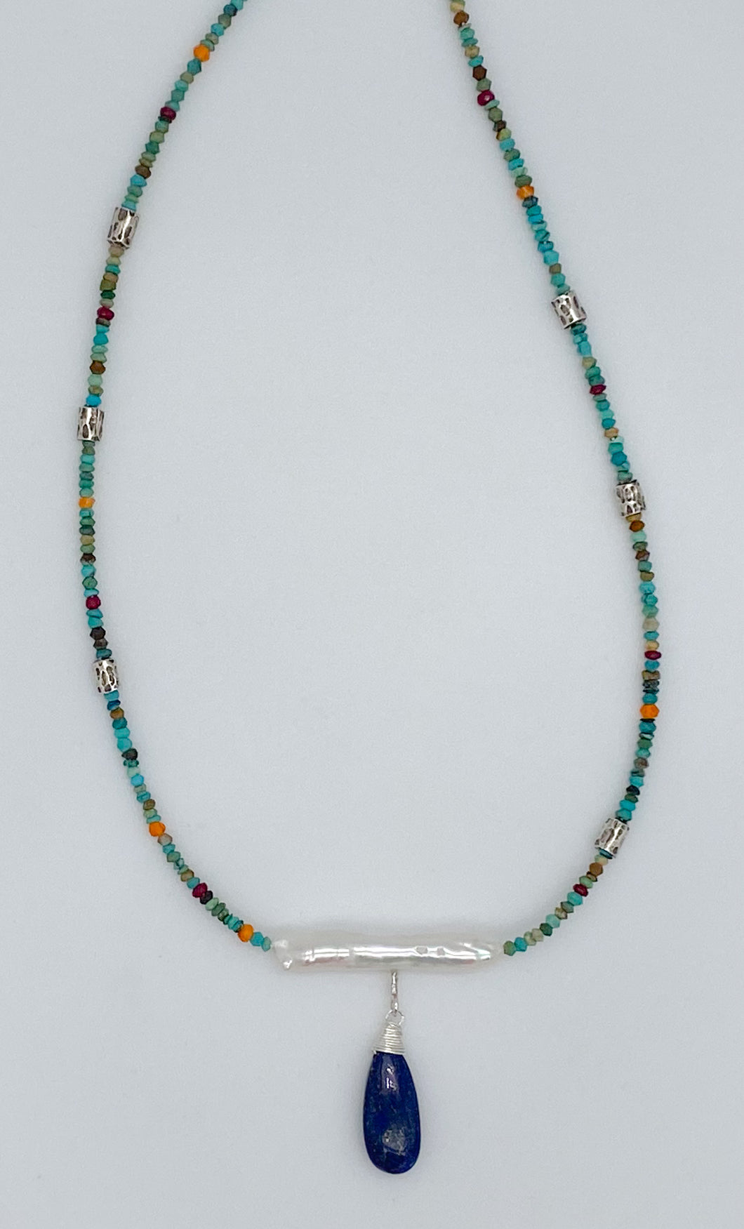 Turquoise ruby, carnelian, pearl,and lapis necklace