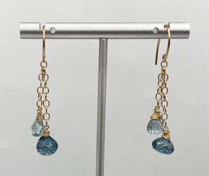 Aquamarine, blue quartz, and gold earrings