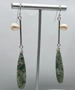 Pearl, moss agate, and silver earrings