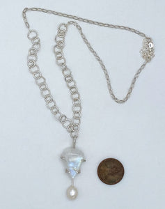 Rainbow moonstone, pearl, and silver necklace