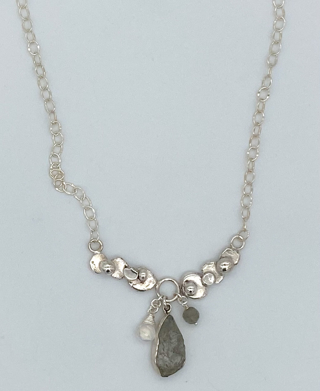 Moss aquamarine, rainbow moonstone, labradorite, and recycled silver necklace