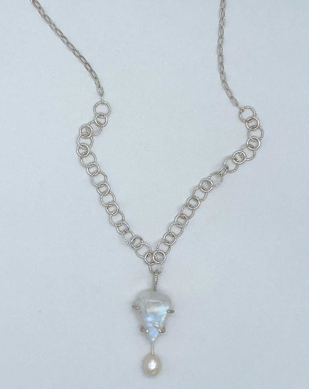 Rainbow moonstone, pearl, and silver necklace