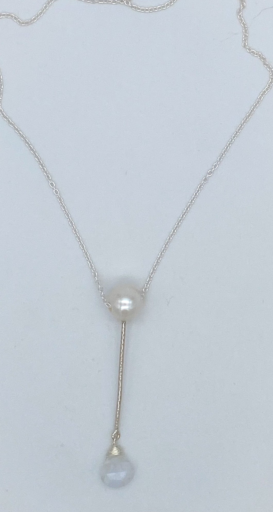 Pearl, rainbow moonstone, and silver necklace