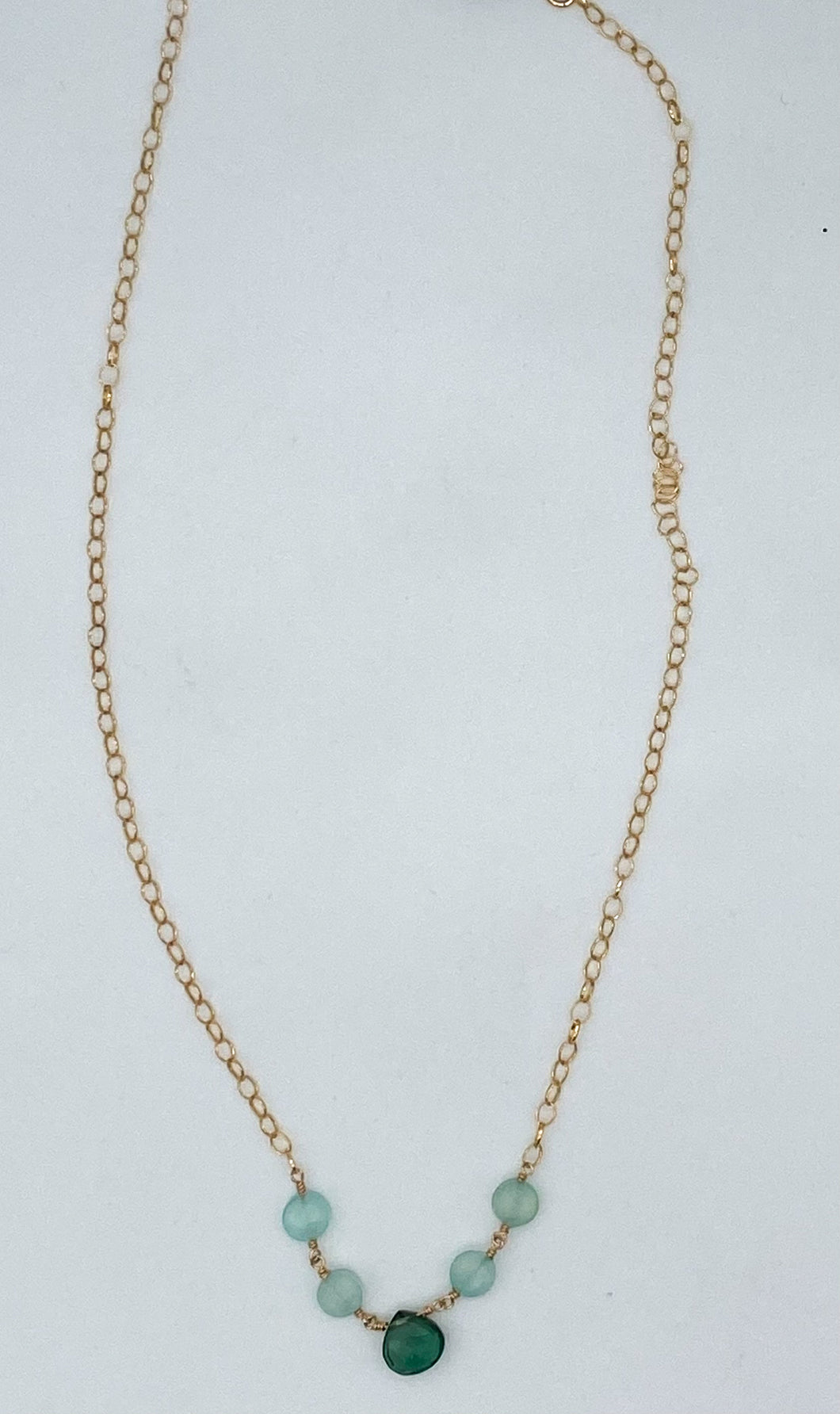 Peruvian chalcedony, indicolite quartz, and gold necklace