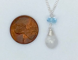 Rainbow moonstone, sky blue topaz, and silver necklace
