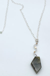 Labradorite, silver, and gold necklace