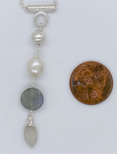 Moonstone, labradorite, pearl, and silver necklace